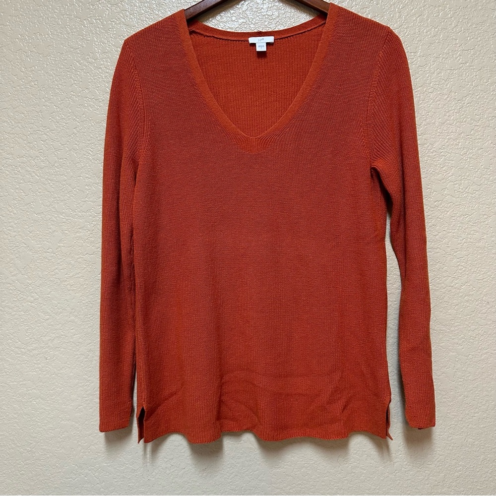 J Jill Sweater Womens Small Burnt Orange V Neck Ribbed Long Sleeve Knit Pullover